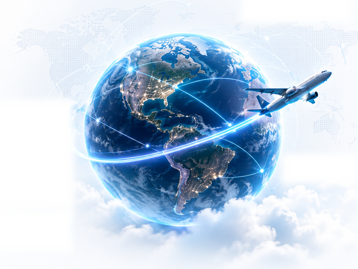 Glowing earth, global flight routes, airplane and clouds